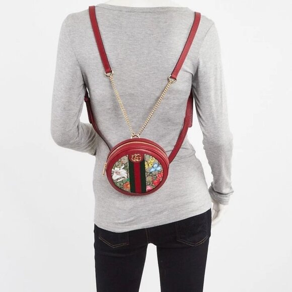 Gucci Red Leather GG Flora Coated Canvas Ophidia Round Mini Backpack Bag - Picture 1 of 11
